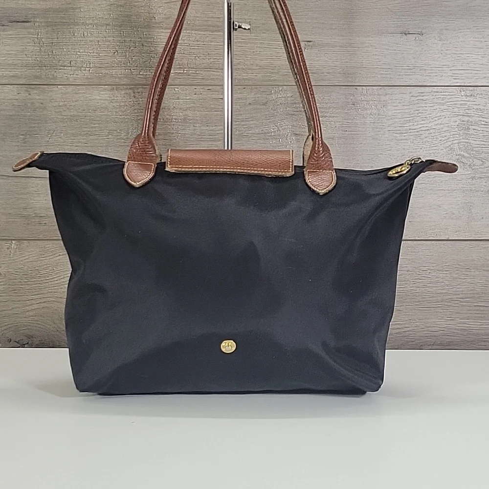 Longchamp Lepliage Black Tote Bag with Brown Leather Trim